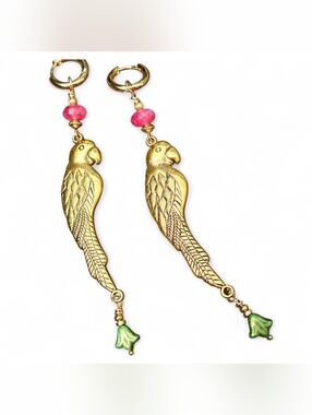 Farm Rio Style Parrot Bird Long Dangle Gold Earrings Handmade Tropical Flower